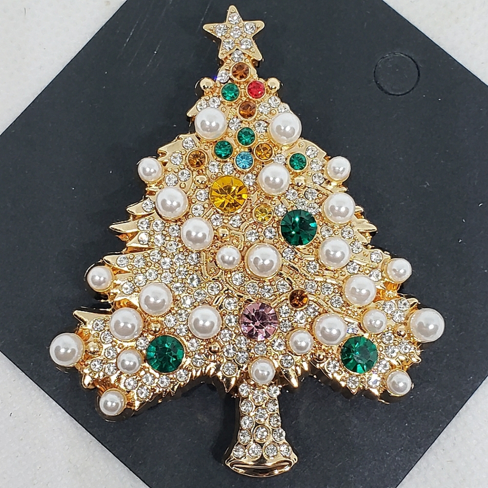 Gold Green Red Rhinestone Pearl Holiday Christmas Tree Brooch Pin